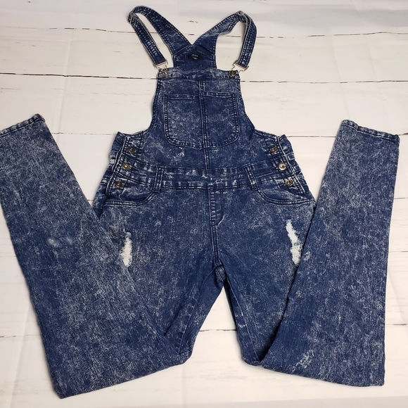 Chiqle Junior's Distressed Acid Wash Denim Overalls Large - Picture 1 of 13